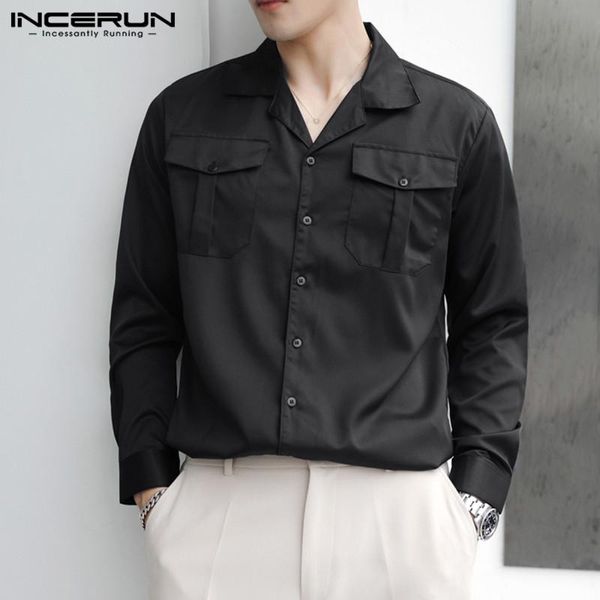 2021 fashion men casual shirt solid color lapel long sleeve button spring streetwear pockets loose camisa masculina incerun, White;black
2021 fashion men casual shirt solid color lapel long sleeve button spring streetwear pockets loose camisa masculina incerun, White;black