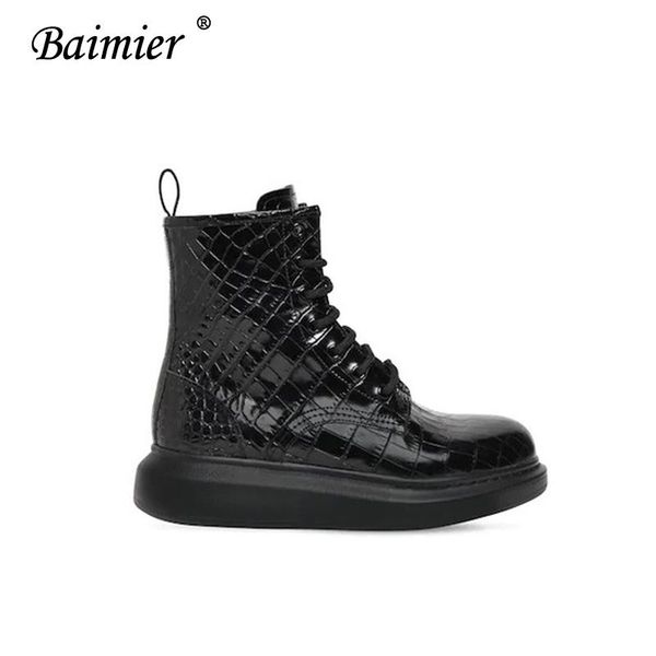 2020 baimier women chunky heel ankle boots black lace-up boots women platform black leather gothic punk style combat