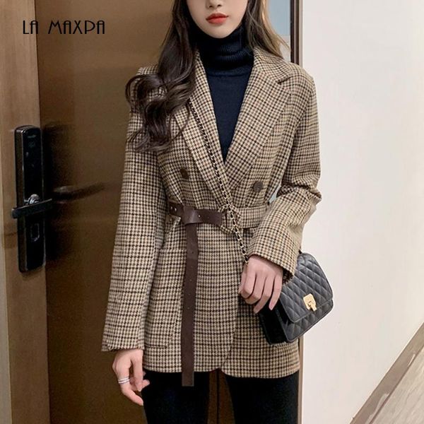women's suits & blazers 2021 slim female blazer outwear korean plaid women work jacket casual double-breasted sashes suit, White;black
women's suits & blazers 2021 slim female blazer outwear korean plaid women work jacket casual double-breasted sashes suit, White;black