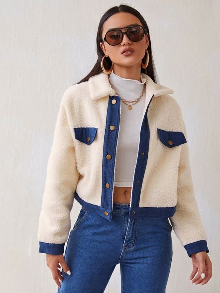 contrast tape panel flap detail button front shearling jacket v2hh#, Black;brown
contrast tape panel flap detail button front shearling jacket v2hh#, Black;brown
