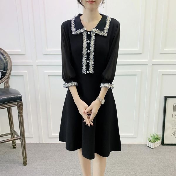 il1ec осень 2020 новый стиль аромат вязание нагрудные платье пузырь рукав шить шифон среднего рукав удобный и thinversatile маленький, White;black