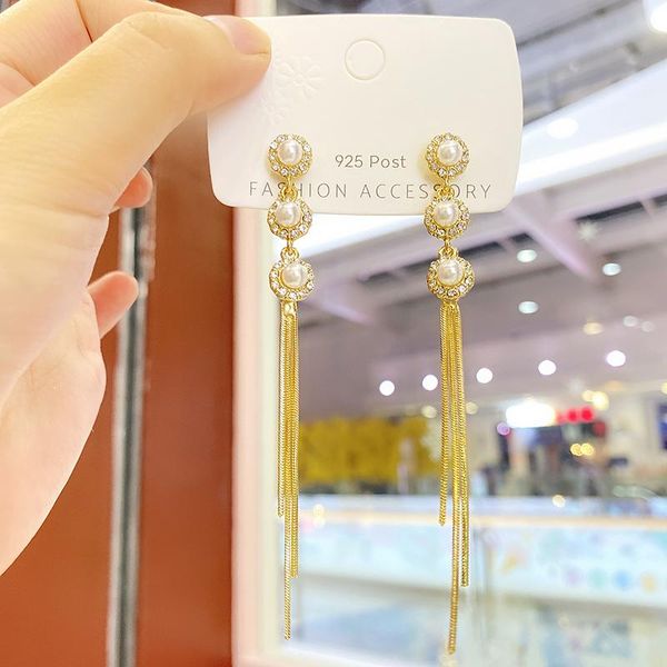 fashion women's exquisite pearl string long tassel earrings korean new style metal simple fashion stud trend jewelry earrings, Silver
fashion women's exquisite pearl string long tassel earrings korean new style metal simple fashion stud trend jewelry earrings, Silver