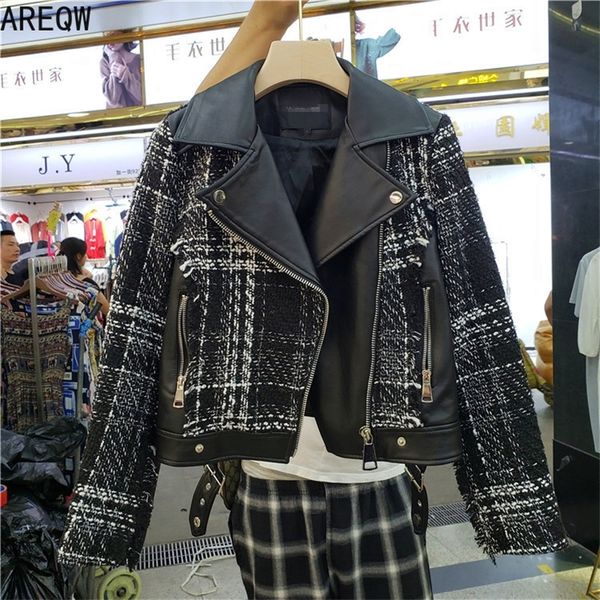 new autumn tweed stitching pu leather jacket women streetwear short jackets female lapel short coat joker woolen jacket outwear 201017, Black;brown
new autumn tweed stitching pu leather jacket women streetwear short jackets female lapel short coat joker woolen jacket outwear 201017, Black;brown