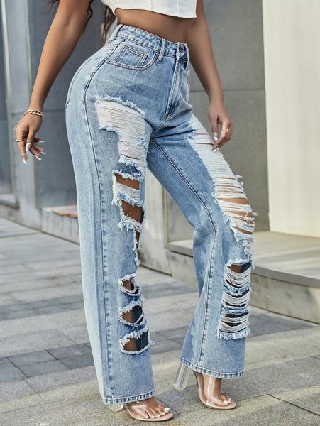 sxy zipper fly ripped wide leg jeans n9xj#, Blue