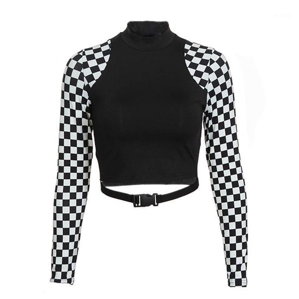 checkerboard long sleeve crop turtleneck buckle t-shirt women harajuku tee shirt plaid funny t shirt1, White