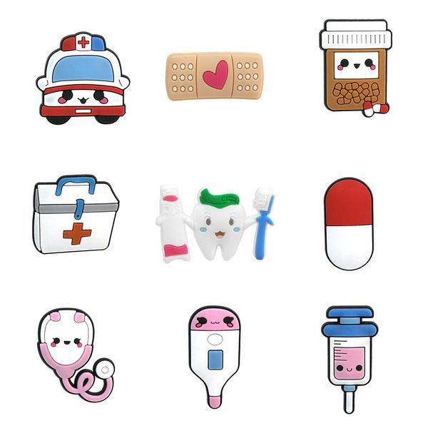 novelty cute charms accessories diamond shoe buckle decoration medical stethoscope pills syringe jibz fit croc, White;pink