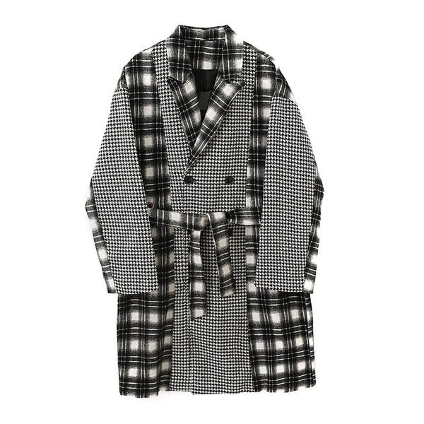 men's wool & blends male streetwear vintage casual trench jacket overcoat men houndstooth splice plaid long loose woolen trenchcoat out, Black
men's wool & blends male streetwear vintage casual trench jacket overcoat men houndstooth splice plaid long loose woolen trenchcoat out, Black
