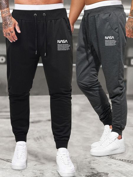 men 2pcs slogan graphic drawstring waist sweatpants p2ig#, Black