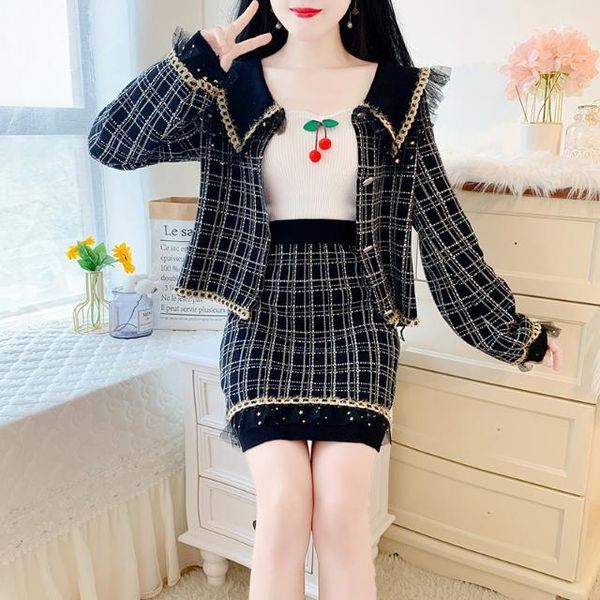 women's knits & tees small fragrance baby collar thousand bird grid long sleeve jacket sweater mesh splicing tassel skirt two piece sui, White
women's knits & tees small fragrance baby collar thousand bird grid long sleeve jacket sweater mesh splicing tassel skirt two piece sui, White