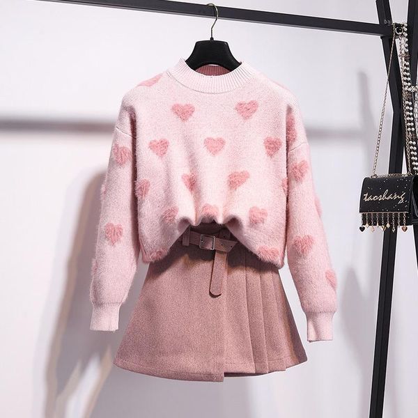 women sweet heart-shaped pattern loose pullover sweater + belt wool pleated a-line skirt set autumn winter pink 2 pieces set1, White
women sweet heart-shaped pattern loose pullover sweater + belt wool pleated a-line skirt set autumn winter pink 2 pieces set1, White