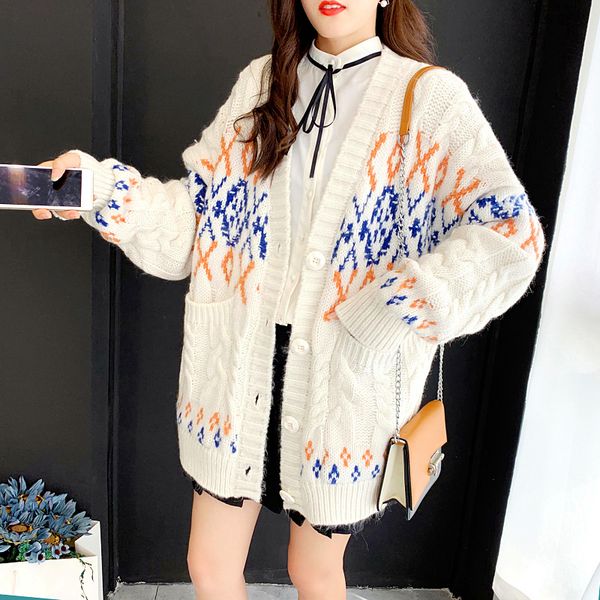 autumn and winter new korean loose fat mm jacquard sweater cardigan jacket women's thick woolen twist knitting, White;black
autumn and winter new korean loose fat mm jacquard sweater cardigan jacket women's thick woolen twist knitting, White;black