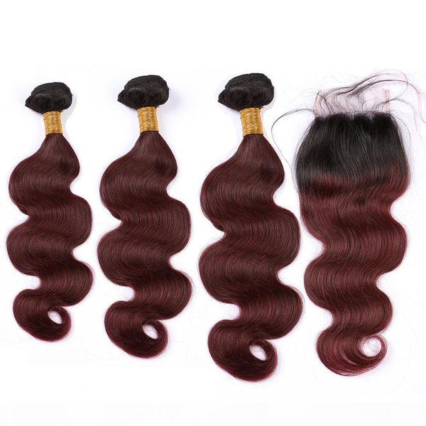 

peruvian wine red ombre human hair wefts with closure #1b 99j burgundy ombre body wave virgin hair lace closure 4x4 with weave bundles, Black