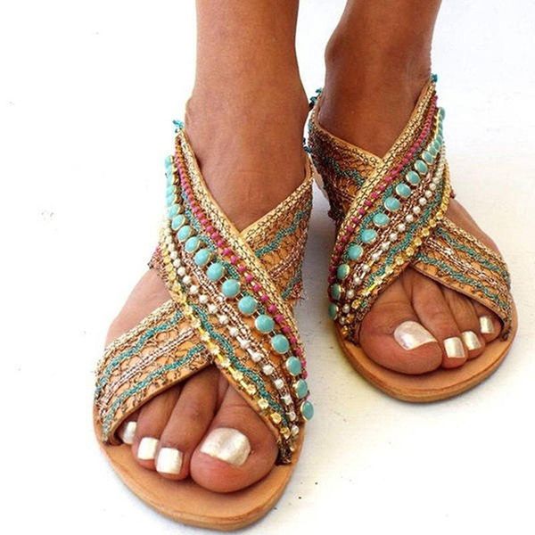 

summer sandals women flat sandals bohemian handmade beaded ethnic women's shoes plus size mujer female beach flat sandals, Black