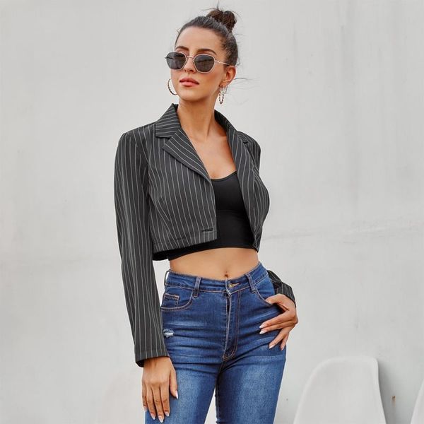 women striped lapel collar short suit coat long sleeves loose button jacket, White;black
women striped lapel collar short suit coat long sleeves loose button jacket, White;black