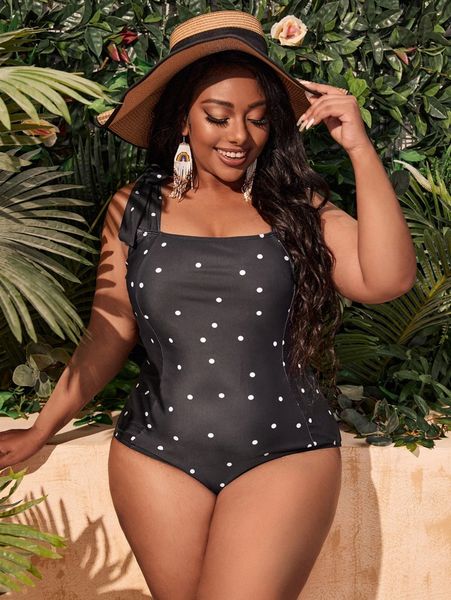 plus polka dot print knot shoulder one piece swimsuit k0jb#, Black 
plus polka dot print knot shoulder one piece swimsuit k0jb#, Black