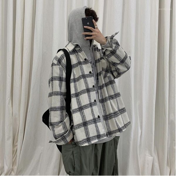 2019 spring and autumn male korean fashion casual wear loose long-sleeved plaid shirt student jacket trend white / gray -2xl1, White;black 
2019 spring and autumn male korean fashion casual wear loose long-sleeved plaid shirt student jacket trend white / gray -2xl1, White;black