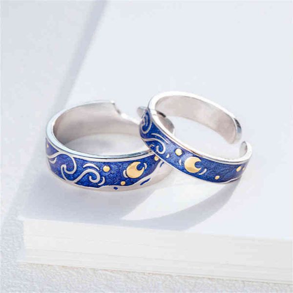 luxury brand van gogh night open rings for women men simple design silver color lovers blue starry sky ring party jewelry a946
luxury brand van gogh night open rings for women men simple design silver color lovers blue starry sky ring party jewelry a946