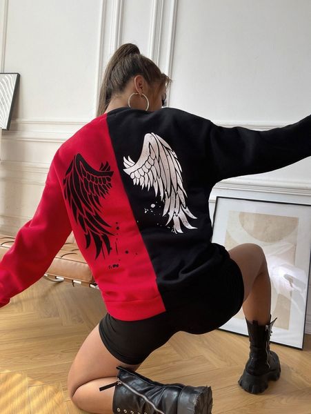 two tone wing print sweatshirt m0ot#, White;black