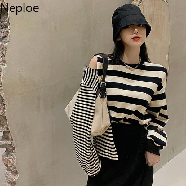neploe woman sweater autumn winter clothes off shoulder striped knitted pullovers loose casual jumper korean sueter coat, White;black
neploe woman sweater autumn winter clothes off shoulder striped knitted pullovers loose casual jumper korean sueter coat, White;black