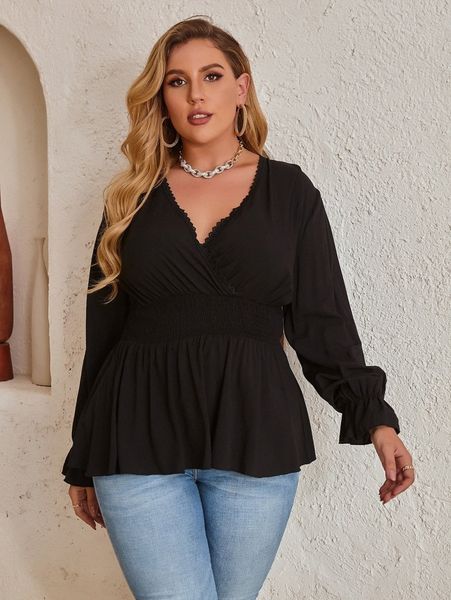 plus guipure lace trim flounce sleeve shirred peplum blouse f6aa#, Black 
plus guipure lace trim flounce sleeve shirred peplum blouse f6aa#, Black