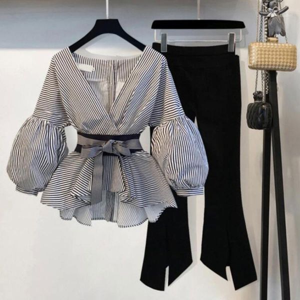 women sets new striped blouse wide leg pants set with sashes fashion puff sleeve blusas + flare pants 2 pcs women suits1, White
women sets new striped blouse wide leg pants set with sashes fashion puff sleeve blusas + flare pants 2 pcs women suits1, White