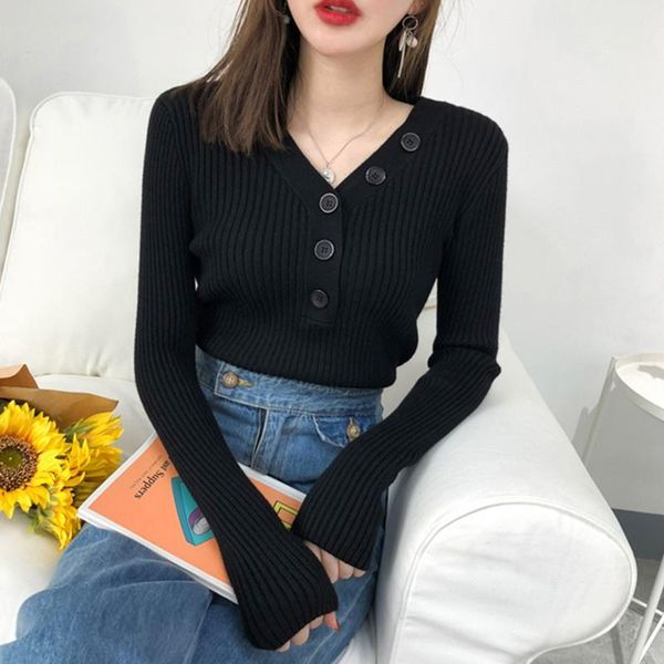 women's sweaters autumn knitted black sweater women casual pure bottoming button v-neck long sleeve pullover, White;black
women's sweaters autumn knitted black sweater women casual pure bottoming button v-neck long sleeve pullover, White;black