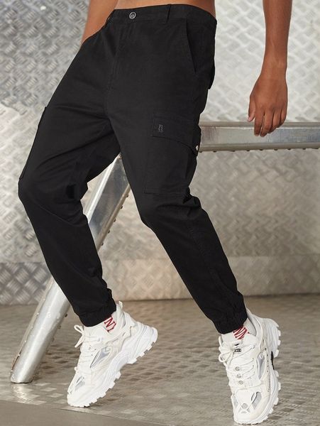 men patched detail letter embroidery slant pocket pants w9hd#, Black