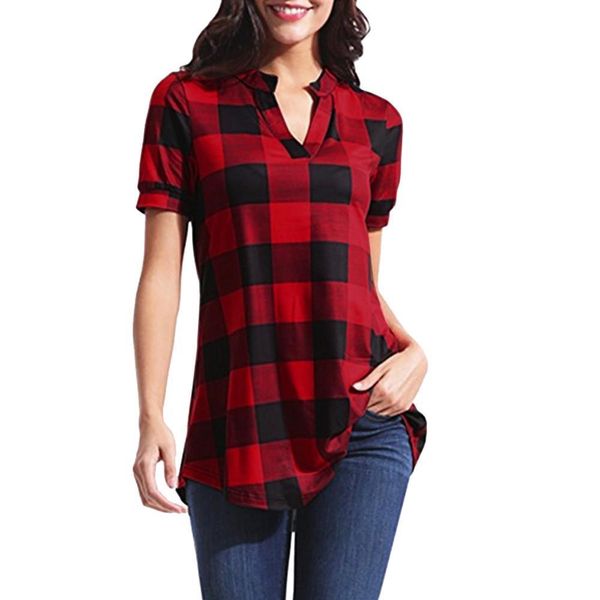 women casual blouse plaid printed short sleeve v-neck shirt loose plus size vintage women spring pullover tunics, White
women casual blouse plaid printed short sleeve v-neck shirt loose plus size vintage women spring pullover tunics, White