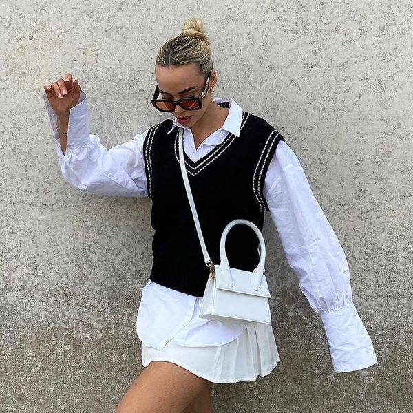 women's vests 2021 women v-neck sleevelesss knitted sweater vest sweaters autumn winter korean loose wild pullover jumper, Black;white
women's vests 2021 women v-neck sleevelesss knitted sweater vest sweaters autumn winter korean loose wild pullover jumper, Black;white