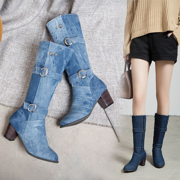 boots fashion winter mid-calf denim zipper side shoes high heels plush liner blue black round toe buckles big size t158
boots fashion winter mid-calf denim zipper side shoes high heels plush liner blue black round toe buckles big size t158