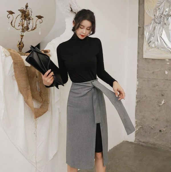 two piece dress autumn long sleeve black blouse plaid skirt set women clothing, White