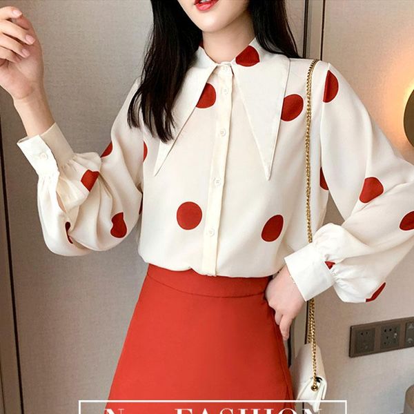 blouse woman sweet spring 2021 casual long sleeve polka dot turn-down collar shirt korean all-match simple office blusa, White 
blouse woman sweet spring 2021 casual long sleeve polka dot turn-down collar shirt korean all-match simple office blusa, White