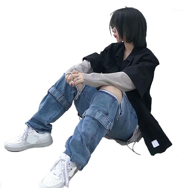 ins style man zipper jeans loose ripped holes men straight jean1, Blue