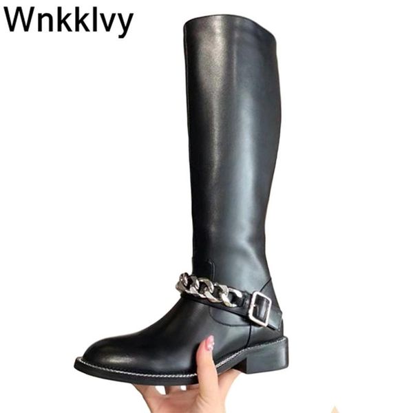 winter low heel knee high boots women round toe metal chain decor knight long boots 2020 autumn winter runway design shoes, Black
winter low heel knee high boots women round toe metal chain decor knight long boots 2020 autumn winter runway design shoes, Black
