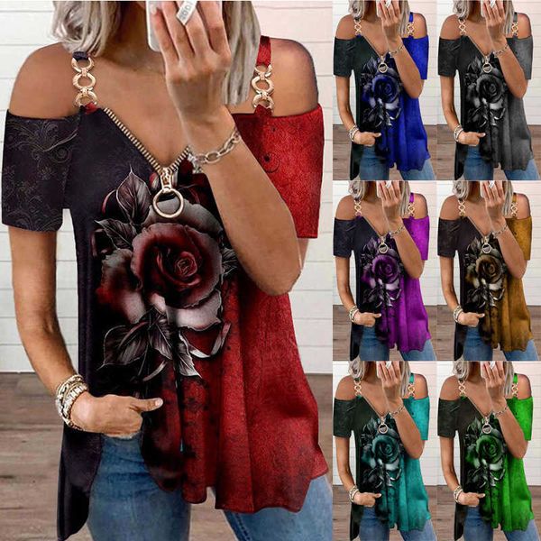 summer women's new v-neck zipper off shoulder 3d rose print women's t-shirt, Tan;black
summer women's new v-neck zipper off shoulder 3d rose print women's t-shirt, Tan;black