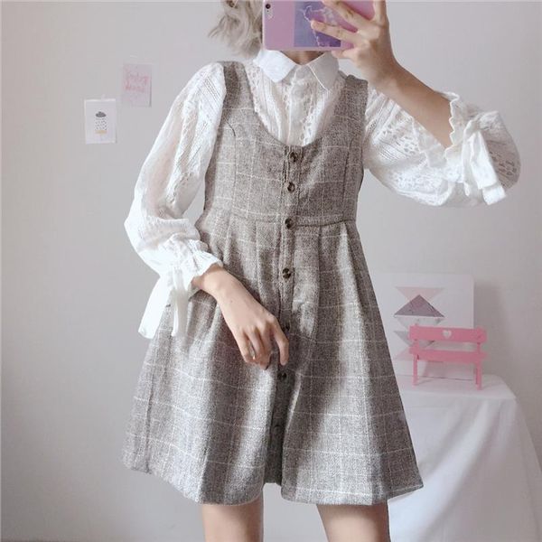 японские женщины kawaii 2 piece set mori girl белые кружевные блузка серый плед шерстяной тонкий мини sundress милый опрятный стиль, Gray
японские женщины kawaii 2 piece set mori girl белые кружевные блузка серый плед шерстяной тонкий мини sundress милый опрятный стиль, Gray