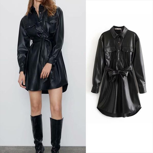 za 2019 pu leather dress pockets fashion long sleeve black dress turn down collar high waist with belt vestido mujer, Black;gray
za 2019 pu leather dress pockets fashion long sleeve black dress turn down collar high waist with belt vestido mujer, Black;gray