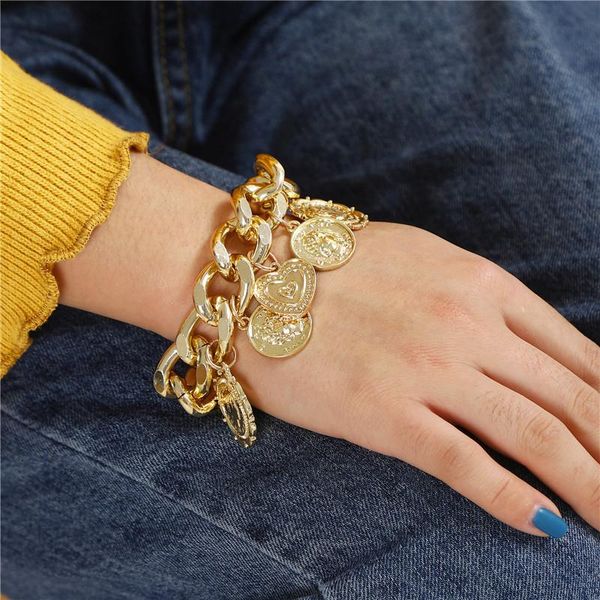 link, chain 2021 korean multi gold metal plated human head coin heart charm pendant bangle bracelets for women girl party gift, Black
link, chain 2021 korean multi gold metal plated human head coin heart charm pendant bangle bracelets for women girl party gift, Black