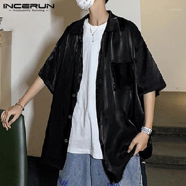 men's casual shirts incerun 2021 men shirt shiny short sleeve lapel breathable streetwear solid loose blouse korean fashion camisa masc, White;black
men's casual shirts incerun 2021 men shirt shiny short sleeve lapel breathable streetwear solid loose blouse korean fashion camisa masc, White;black