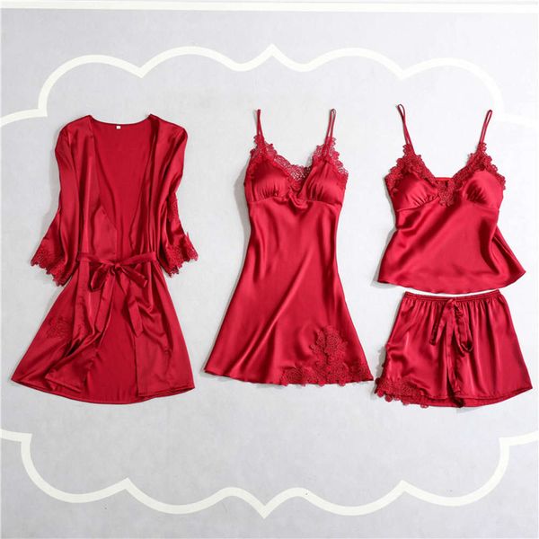 2021 new women's deep v imitation silk lace pajamas robe gown bathrobe with bra suspender shorts nightgown four piece suit lingerie, Black;red
2021 new women's deep v imitation silk lace pajamas robe gown bathrobe with bra suspender shorts nightgown four piece suit lingerie, Black;red