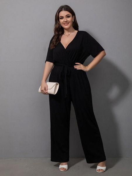 plus solid deep v neck belted jumpsuit k22t#, Black
plus solid deep v neck belted jumpsuit k22t#, Black