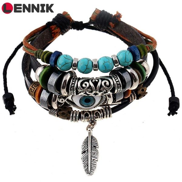 charm bracelets lennik 2021 vintage bohemia fish eye feather pendant men women leather multi-layer wristband jewelry bangles b128, Golden;silver
charm bracelets lennik 2021 vintage bohemia fish eye feather pendant men women leather multi-layer wristband jewelry bangles b128, Golden;silver
