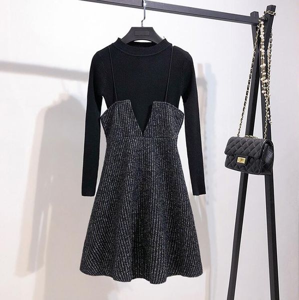 2021 a line long sleeve black autumn winter two piece set casual turtleneck sweater knitting + sling slim mini a-line dress, White
2021 a line long sleeve black autumn winter two piece set casual turtleneck sweater knitting + sling slim mini a-line dress, White