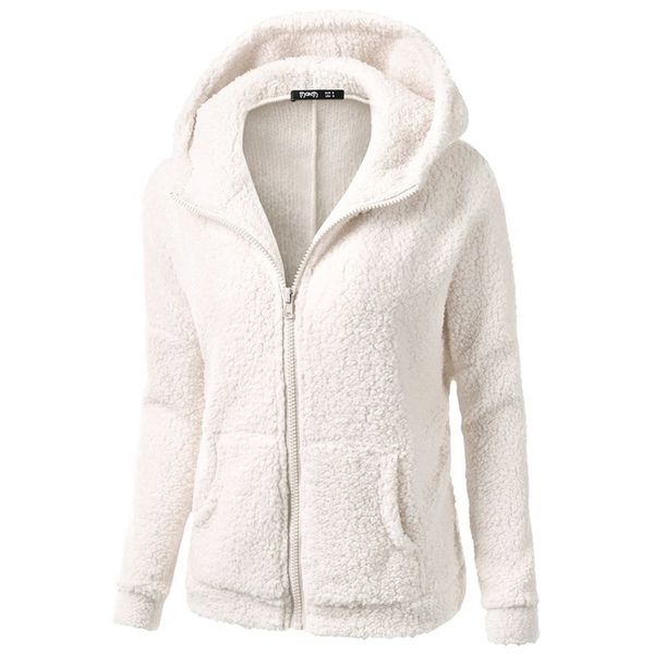 winter womans fleece jackets solid black white red zipper hooded sweatshirt simple basic pockets sweat shirt coats plus size lj201103