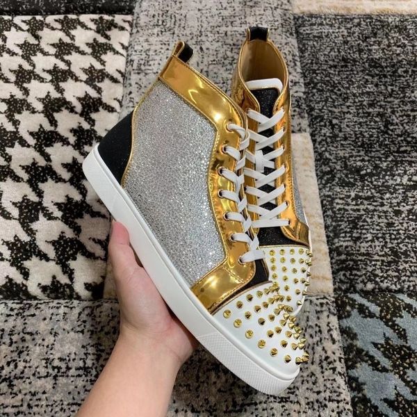 золотой шипы high top sneakers лучшие качества блеск стразов туфли с красной подошвой заклепки открытый тренеры mens женщин роскошная повсед, Black
золотой шипы high top sneakers лучшие качества блеск стразов туфли с красной подошвой заклепки открытый тренеры mens женщин роскошная повсед, Black