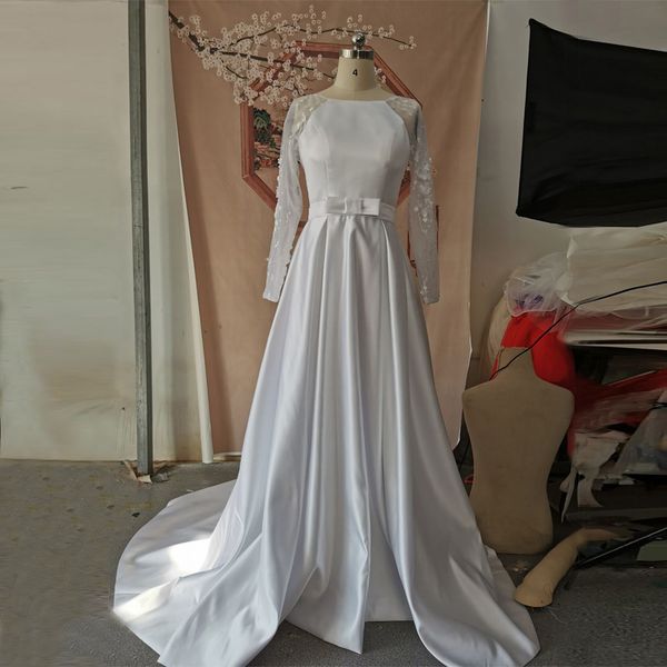 real images floral satin lace a line wedding dresses long sleeves with 3d flowers vestidos de novia open back with court train wedding gowns, White
real images floral satin lace a line wedding dresses long sleeves with 3d flowers vestidos de novia open back with court train wedding gowns, White