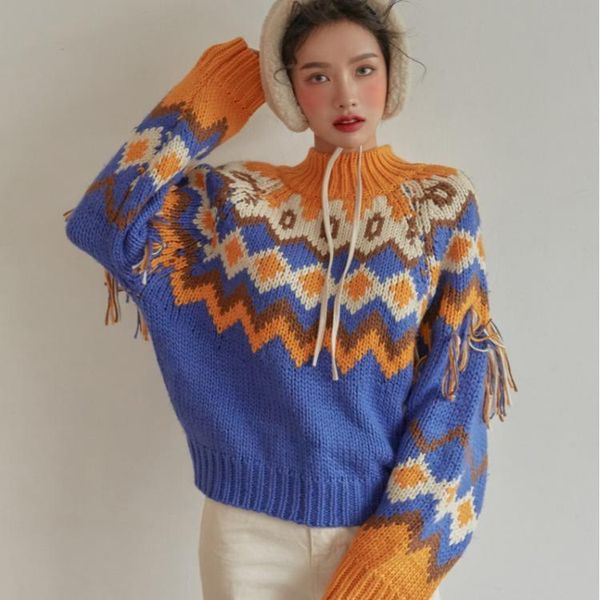 superaen retro contrast tassel geometric print pullover turtleneck woman sweaters, White;black
superaen retro contrast tassel geometric print pullover turtleneck woman sweaters, White;black