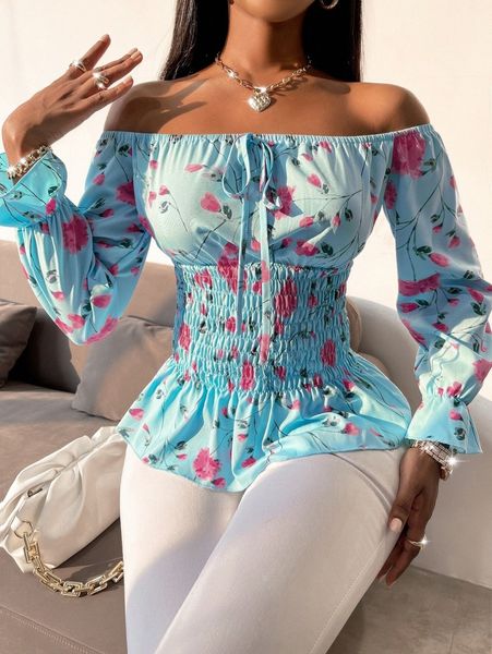 floral print knot front shirred blouse n689#, White
