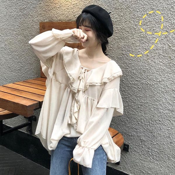 french style 2021 new light ruffles v-neck blouse women sweet solid fresh long sleeve solid midi shirt 2 types gd414, White
french style 2021 new light ruffles v-neck blouse women sweet solid fresh long sleeve solid midi shirt 2 types gd414, White