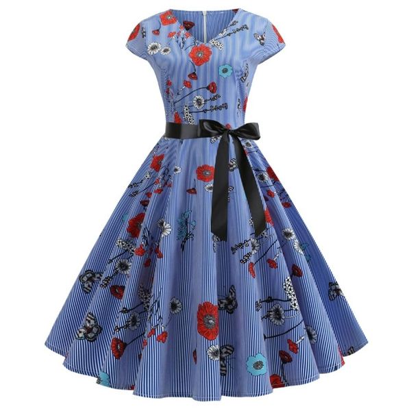 V-neck Fashion Printed Big Swing Dress, Black;pink